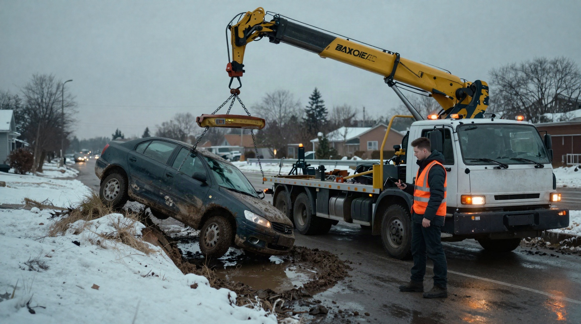 Эвакуатор с краном-манипулятором поднимает автомобиль из глубокого кювета